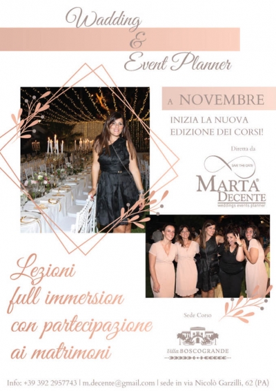 Iscrizioni 2020 "Corso Wedding & Event Planner" diretto da Marta Decente